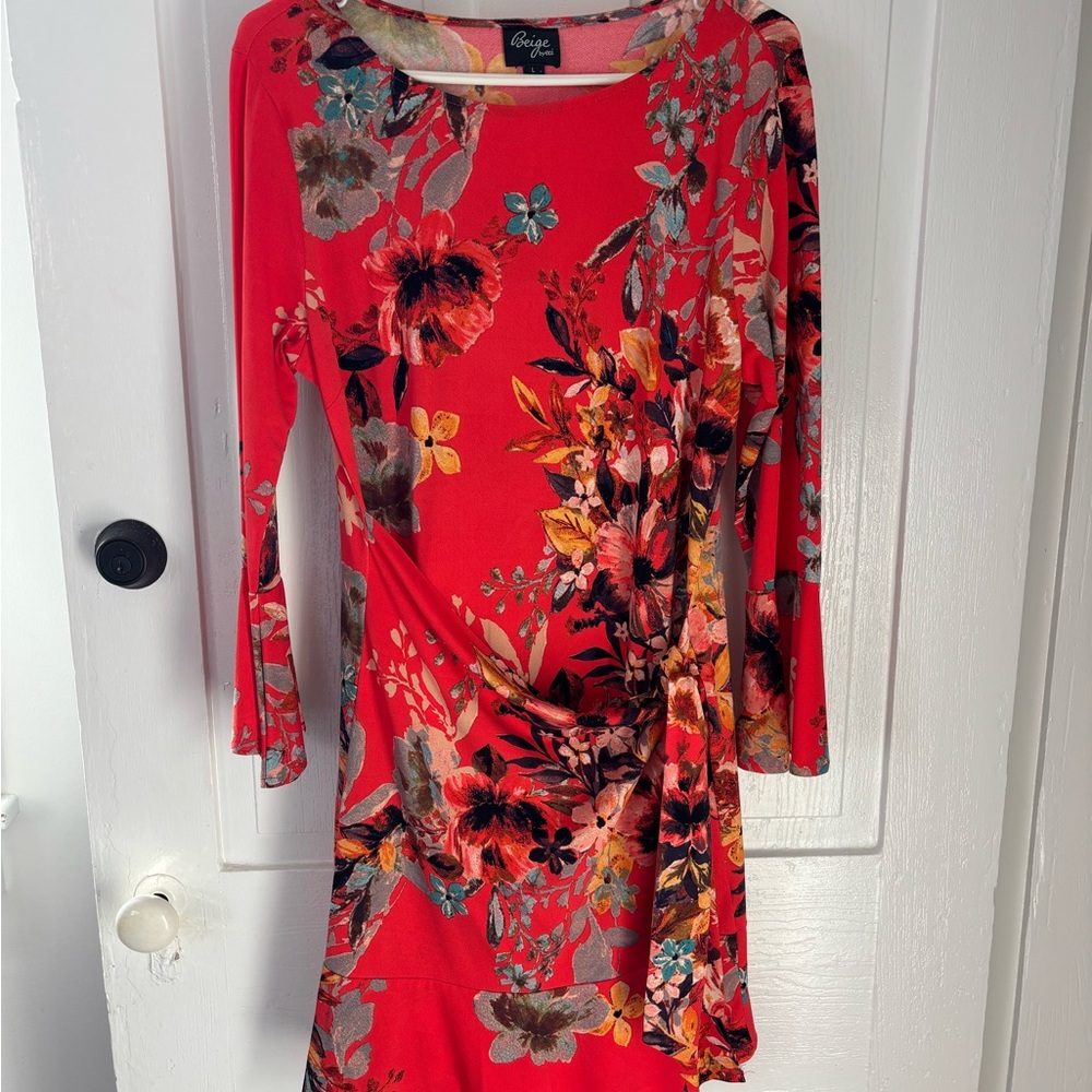 Beige by eci Red Floral Long-Sleeve Side-Tie Dress